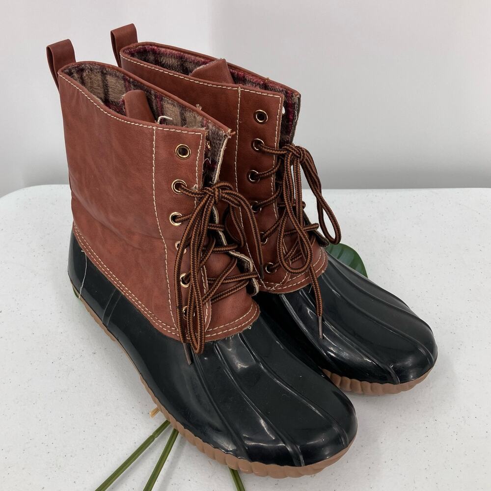 Adriana Brown Black Tan Red Plaid Flannel Lined Lace Up Duck Winter Rain Boots